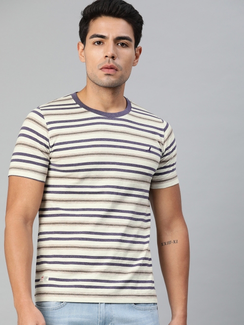 

American Crew Men Off-White Purple Striped Round Neck Pure Cotton T-shirt