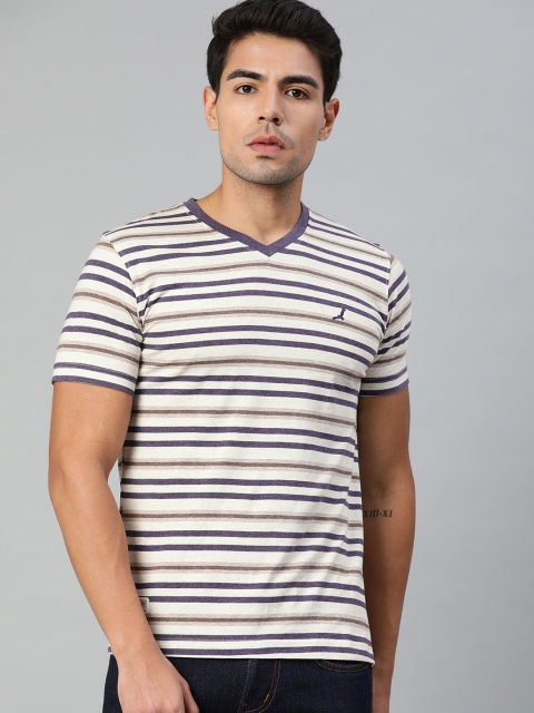 

American Crew Men Grey & Purple Striped V-Neck T-shirt