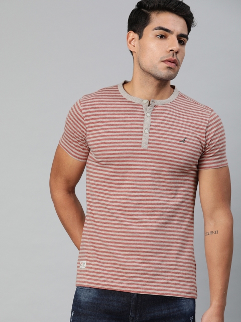 

American Crew Men Maroon Grey Striped Henley Neck Pure Cotton T-shirt