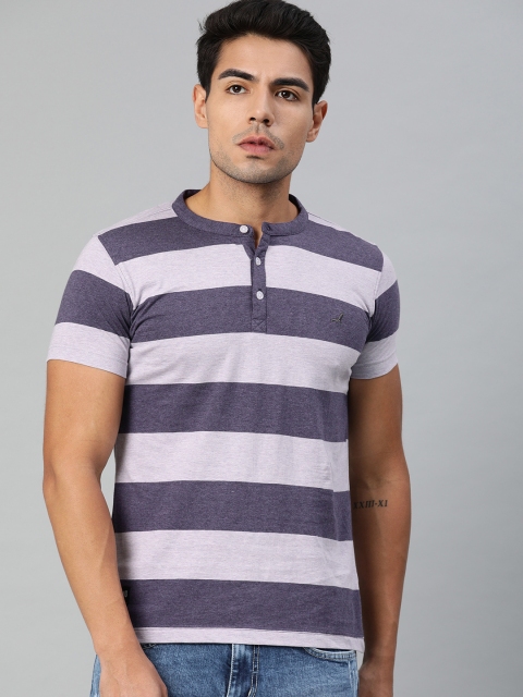

American Crew Men Lavender Striped Henley Neck Pure Cotton T-shirt