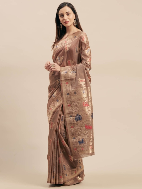 

Mitera Brown Silk Cotton Woven Design Kanjeevaram Saree