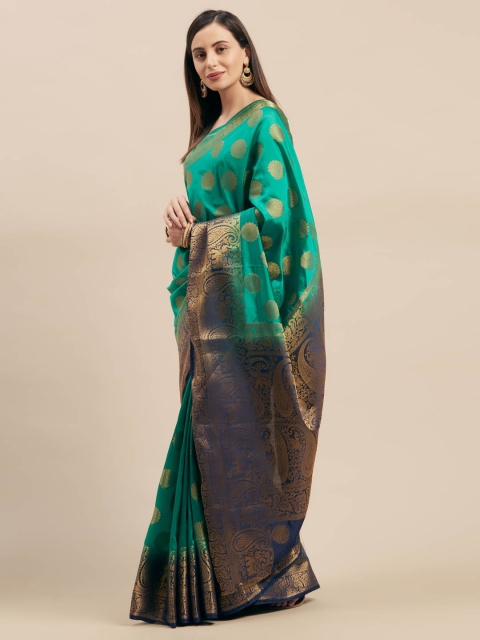 

Mitera Green & Gold-Coloured Silk Blend Woven Design Kanjeevaram Saree