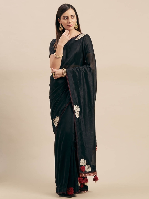 

Mitera Black Solid Silk Blend Saree