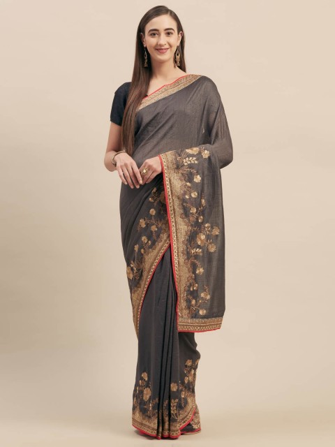 

Mitera Grey Solid Silk Blend Saree