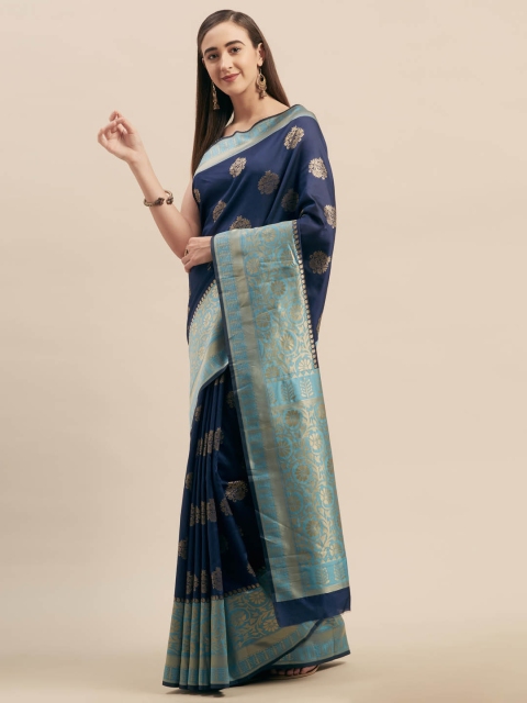 

Mitera Navy Blue & Gold-Coloured Silk Blend Woven Design Kanjeevaram Saree