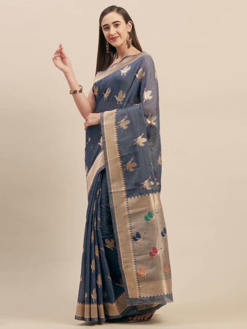 

Mitera Blue Silk Cotton Woven Design Kanjeevaram Saree