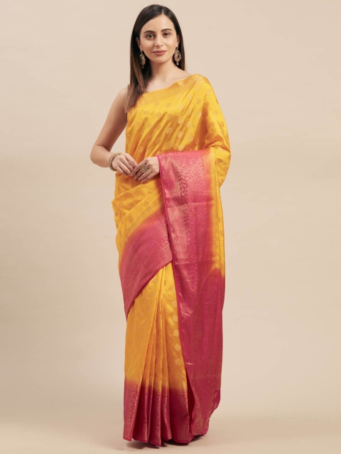 

Mitera Yellow & Pink Silk Blend Woven Design Kanjeevaram Saree