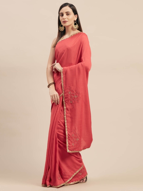 

Mitera Coral Pink Embroidered Silk Blend Saree