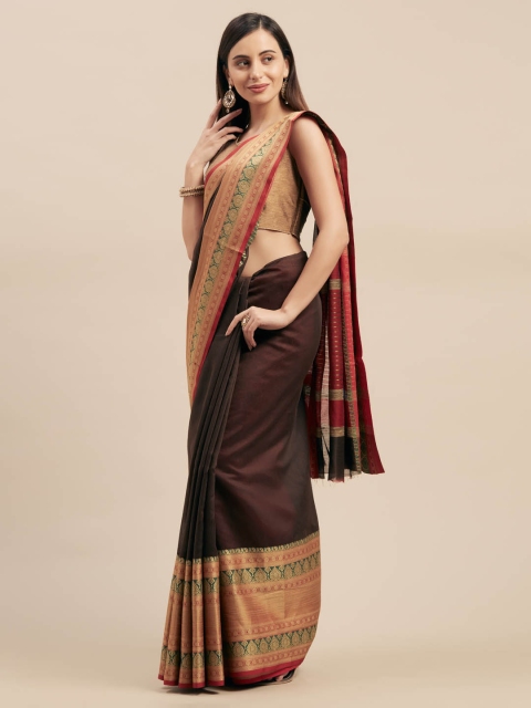 

Mitera Brown Silk Blend Woven Design Kanjeevaram Saree