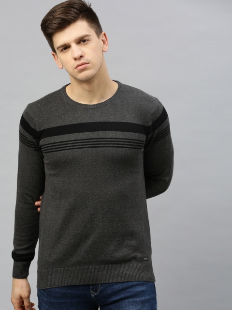 

SPYKAR Men Charcoal Striped Round Neck T-shirt