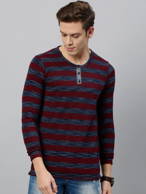 

SPYKAR Men Burgundy Navy Blue Slim Fit Striped Henley Neck Pure Cotton T-shirt
