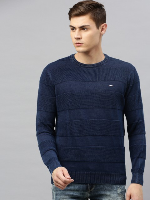 

SPYKAR Men Navy Blue Self Striped Sweatshirt