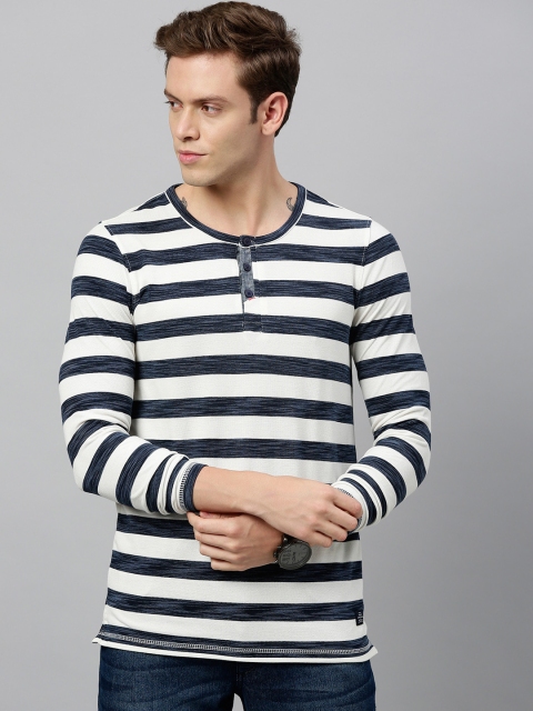 

SPYKAR Men Navy Blue & Off-White Slim Fit Striped Henley Neck T-shirt