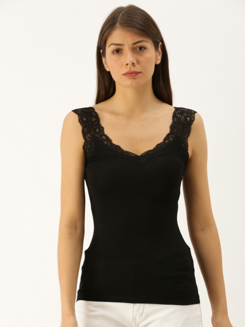 

promod Women Black Solid Tank Top with Lace Inserts