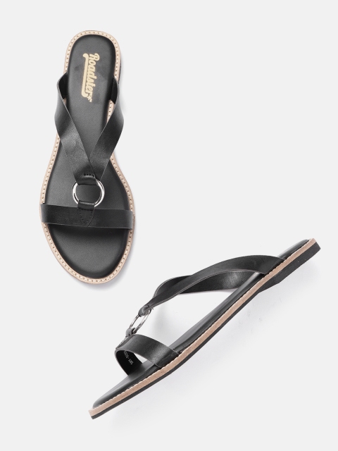 Women Black Solid Open Toe Flats