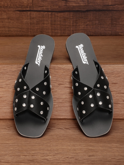 

Roadster Women Black & Silver-Toned Studded Open Toe Flats