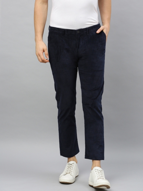 

SPYKAR Men Navy Blue Tapered Fit Solid Regular Cropped Corduroy Trousers