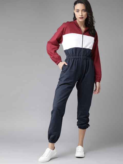 

Roadster Women Maroon & Navy Blue Pure Cotton Colourblocked Basic Jumpsuit