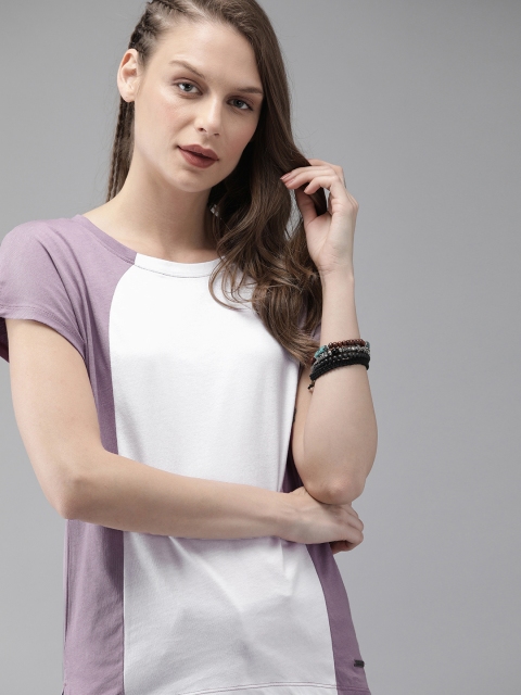 

Roadster Women White & Mauve Colourblocked Round Neck T-shirt