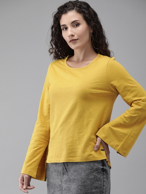 

Roadster Women Mustard Yellow Solid Flared Sleeve Pure Cotton Top