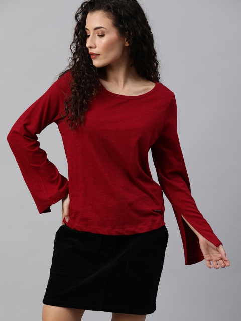 

Roadster Women Maroon Solid Pure Cotton Top with Slit Sleeves