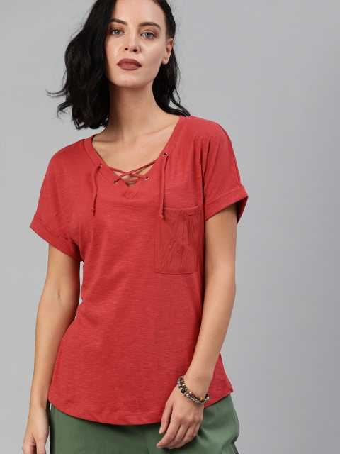 

Roadster Women Red Solid Lace Up Top