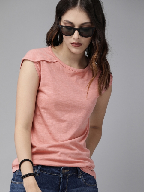 

Roadster Women Peach-Coloured Solid Round Neck T-shirt
