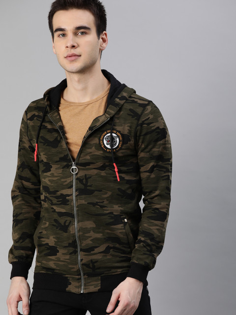 

SPYKAR Men Olive Green & Black Camouflage Printed Hooded Sweatshirt
