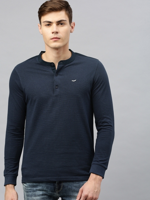 

SPYKAR Men Navy Blue Self-Striped Slim Fit Mandarin Collar T-shirt
