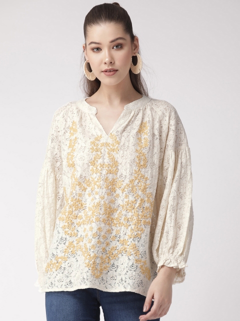 

SCOUP Women Off-White & Mustard Yellow Lace Top