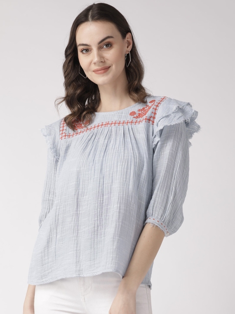 

SCOUP Women Blue Floral Embroidered A-Line Top