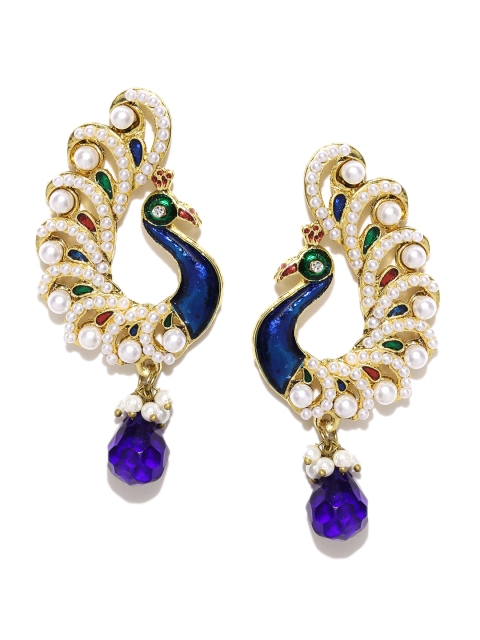 

Zaveri Pearls Off-White & Blue Gold-Plated Stone-Studded Drop Earrings