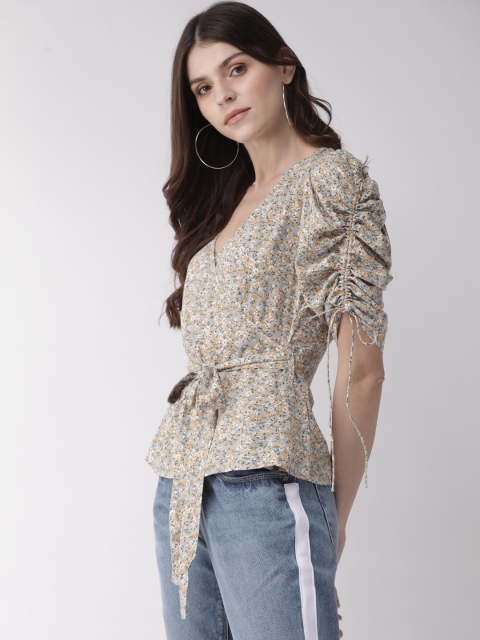 

20Dresses Women Grey & Orange Floral Print Wrap Top