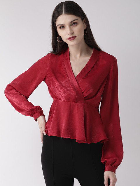 

20Dresses Women Red Solid Satin Finish Wrap Top