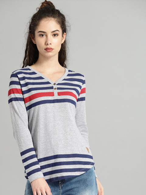 

Roadster Grey Melange & Blue Striped Henley Top