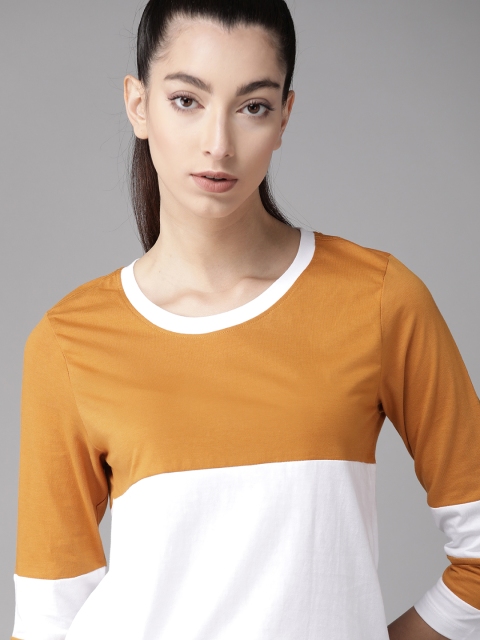 

Roadster Women White & Mustard Yellow Colourblocked Pure Cotton Round Neck T-shirt