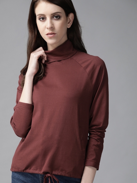 

Roadster Women Maroon Turtle Neck Solid Blouson Pure Cotton Top