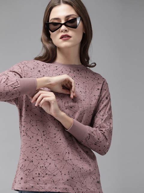 

Roadster Women Mauve Burgundy Printed Round Neck Pure Cotton T-shirt