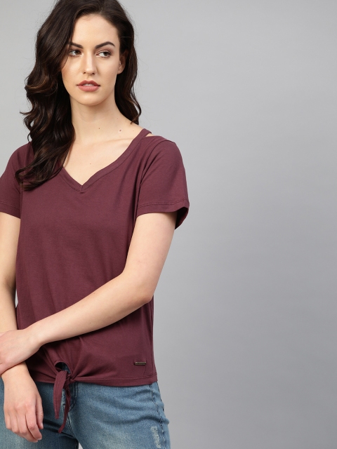

Roadster Women Burgundy Solid Pure Cotton Top