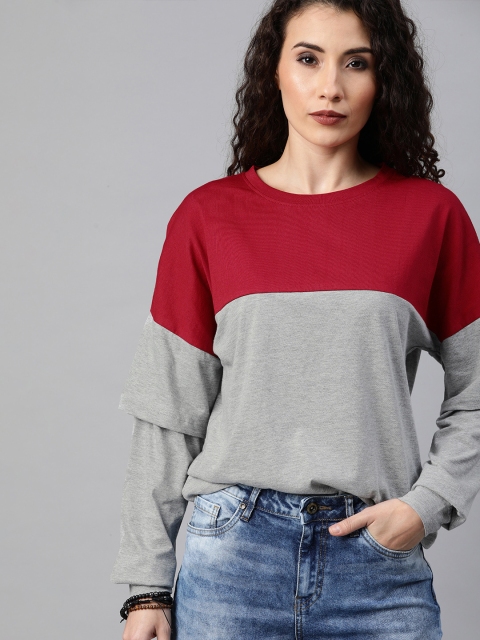

Roadster Women Maroon & Grey Colourblocked Round Neck T-shirt