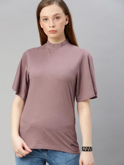 

Roadster Women Mauve Solid High Neck Flared Sleeve Top