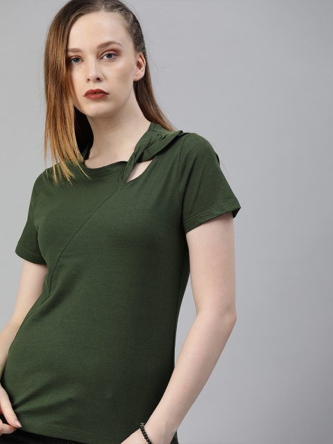 

Roadster Women Olive Green Solid Twisted Detail Pure Cotton Top