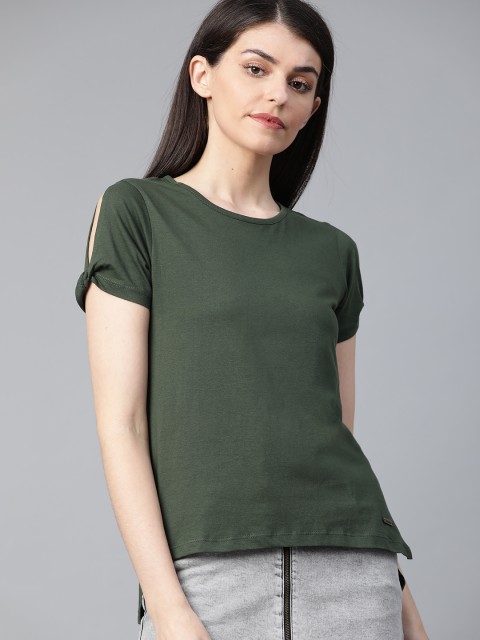 

Roadster Women Olive Green Solid High-Low Pure Cotton Top