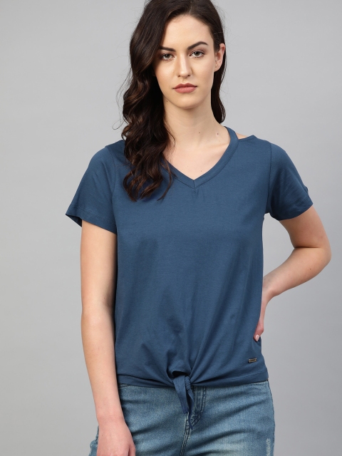 

Roadster Women Navy Blue Solid Pure Cotton Top