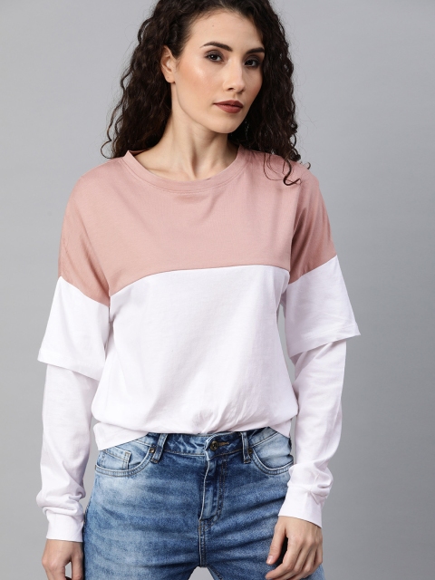 

Roadster Women White Pink Colourblocked Round Neck Pure Cotton T-shirt