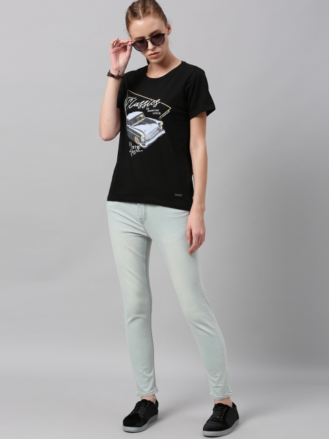 

Roadster Women Black Printed Round Neck Pure Cotton T-shirt