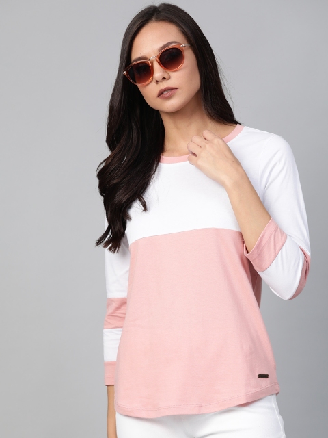 

Roadster Women Pink & White Colourblocked Round Neck T-shirt