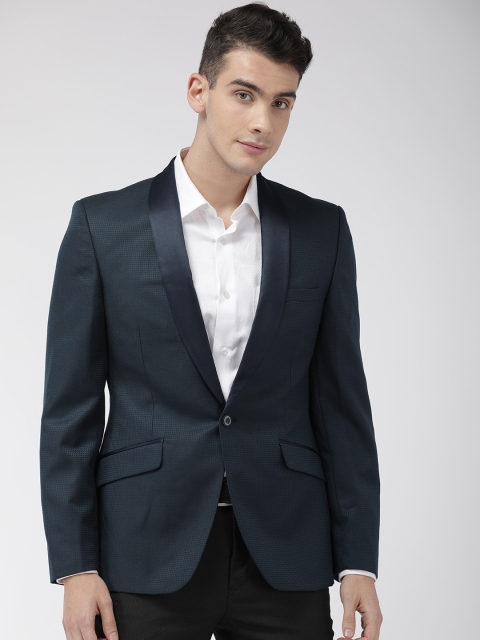 

Raymond Men Navy Blue & Black Contemporary Fit Self Design Party Tuxedo Blazer
