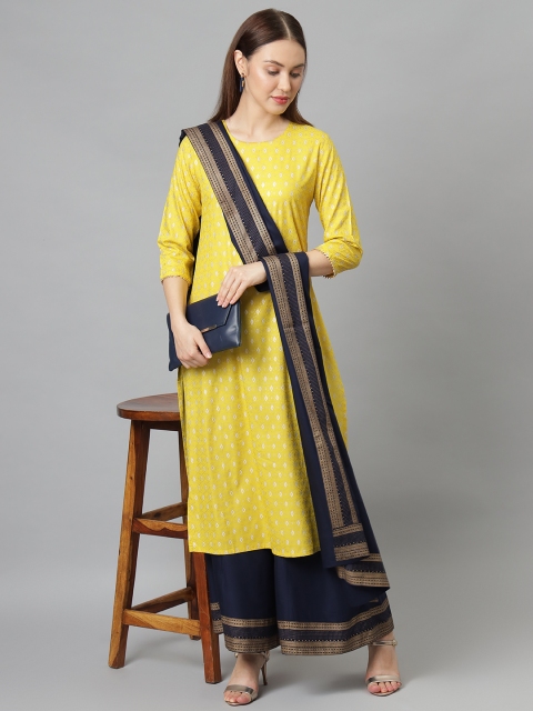 Women Yellow & Navy Blue Printed Kurta with Palazzos & Dupatta