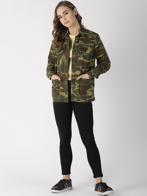 

Blue Saint Women Olive Green Camouflage Printed Tailored Jacket
